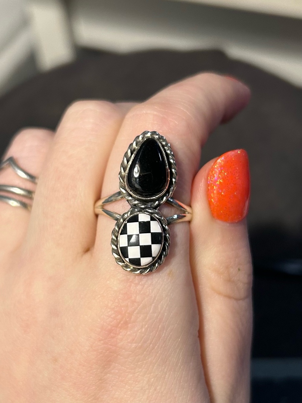 Double Stone Black Onyx & Checkered Ring — Silver-Style Women’s Ring